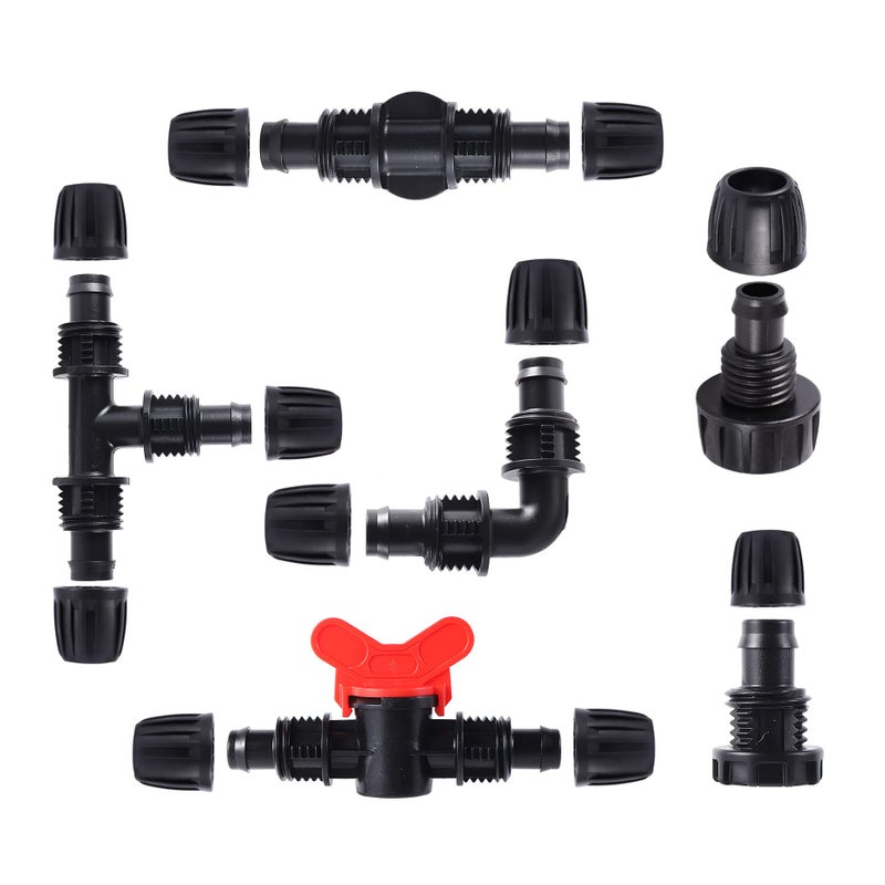FOGWOWO 16 Pcs 1/2 inch Tubing Irrigation Fittings Kit  For (1/2"" ID x0.6-0.63"" OD) 16mm Drip Tubing Barbed Locked Nuts Connectors 2 Ends 2 Elbows 2 Switch Valves 2 US Standard Adapters 4 Tees 4 Couplings - Image 5
